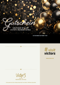 Edle schwarz goldene Luftballons schweben an der rechten Seite des Gutscheins. Der Hintergrund ist schwarz mit hellen goldenen Lichtpunkten verziert.