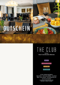 Eine Collage zeigt links das Restaurant The Club München und rechts einen eingedeckten Tisch. Auf dem Tisch steht ein heißer Stein mit Rumpsteak, eine Schale Pommes frites, sowie Caprese-Salat.