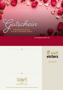 Der Hintergrund ist in einem zarten Rot gehalten. Umrahmt wird der Gutschein mit kleinen roten und goldenen Herzen.